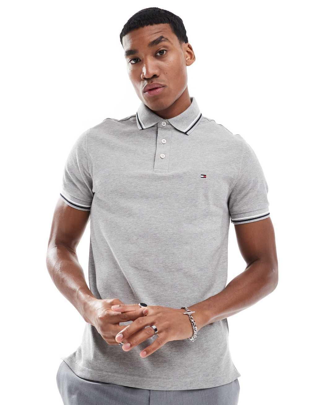 Tommy Hilfiger tipped slim fit polo shirt in gray Product Image