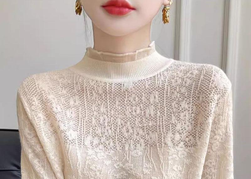 Long-Sleeve Mock Neck Floral Jacquard Frill Trim Sheer Knit Top Product Image