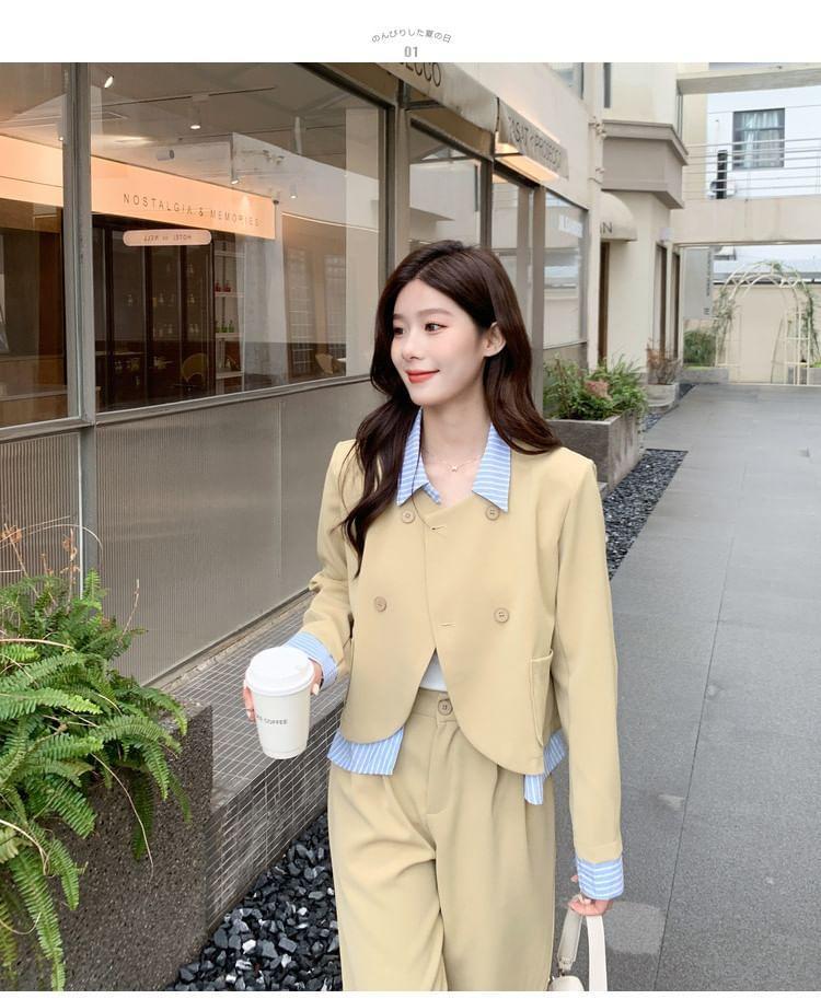 Set: Collared Striped Mock Two Piece Double Breasted Blazer + High Waist Wide Leg Dress Pants Product Image