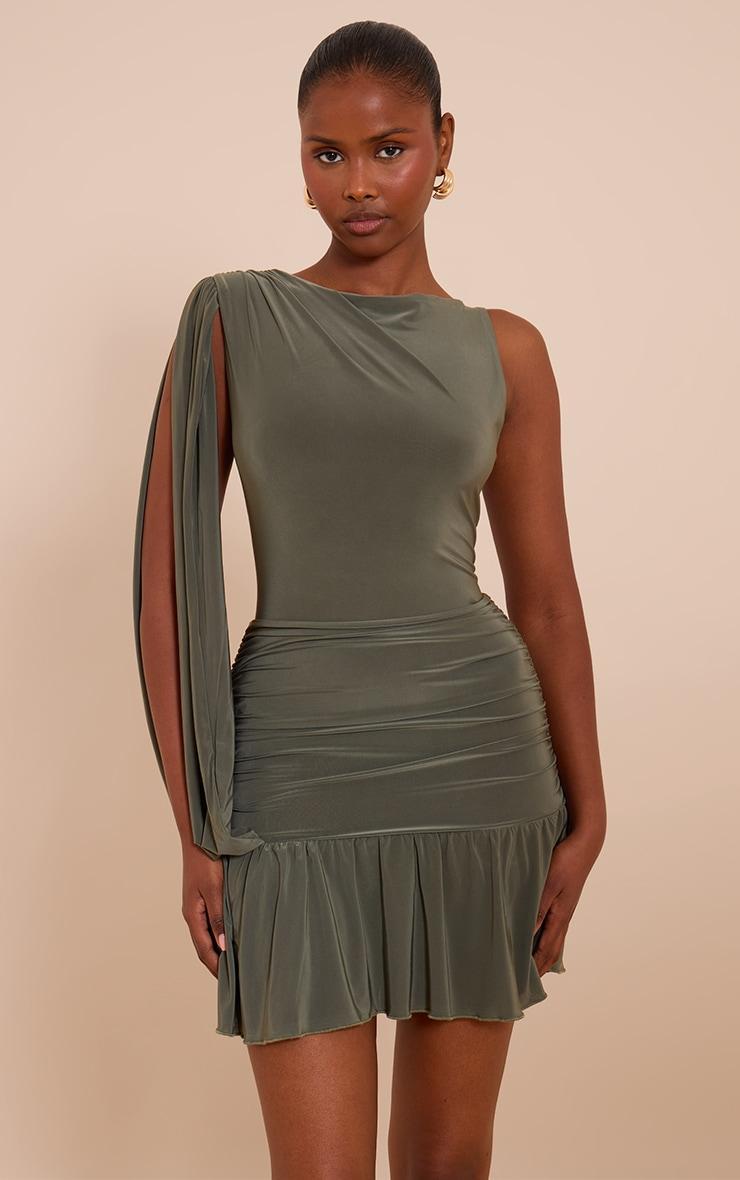 Olive Double Layer Slinky Ruched One Shoulder Mini Dress Product Image