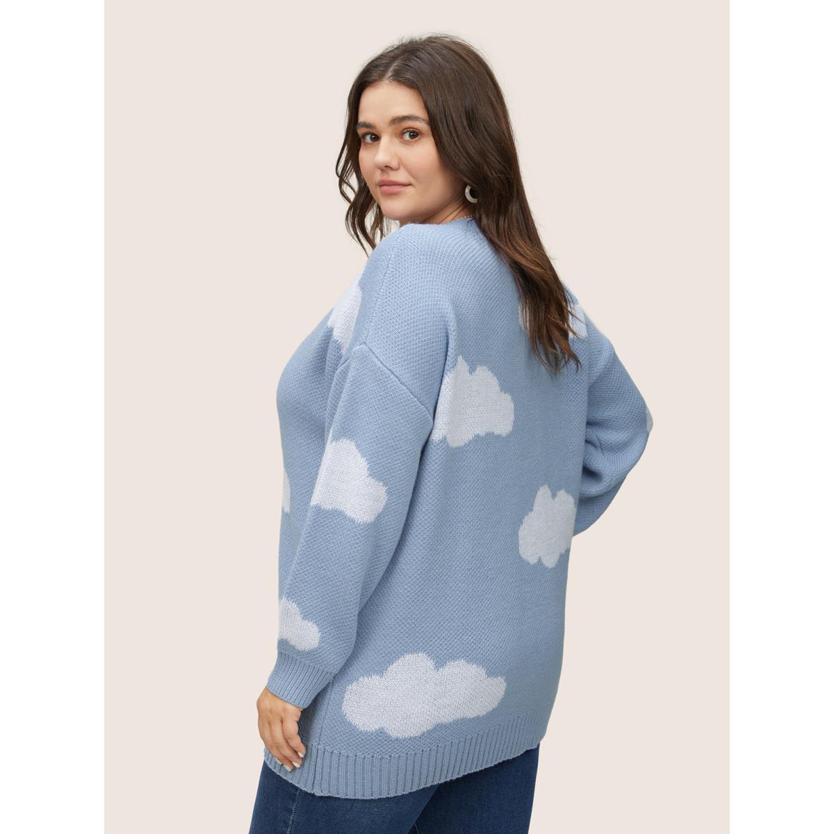 Plus Size Blue Sky White Clouds V Neck Pullover Stone Women Casual Long Sleeve V-neck Everyday Pullovers BloomChic 12/L Product Image