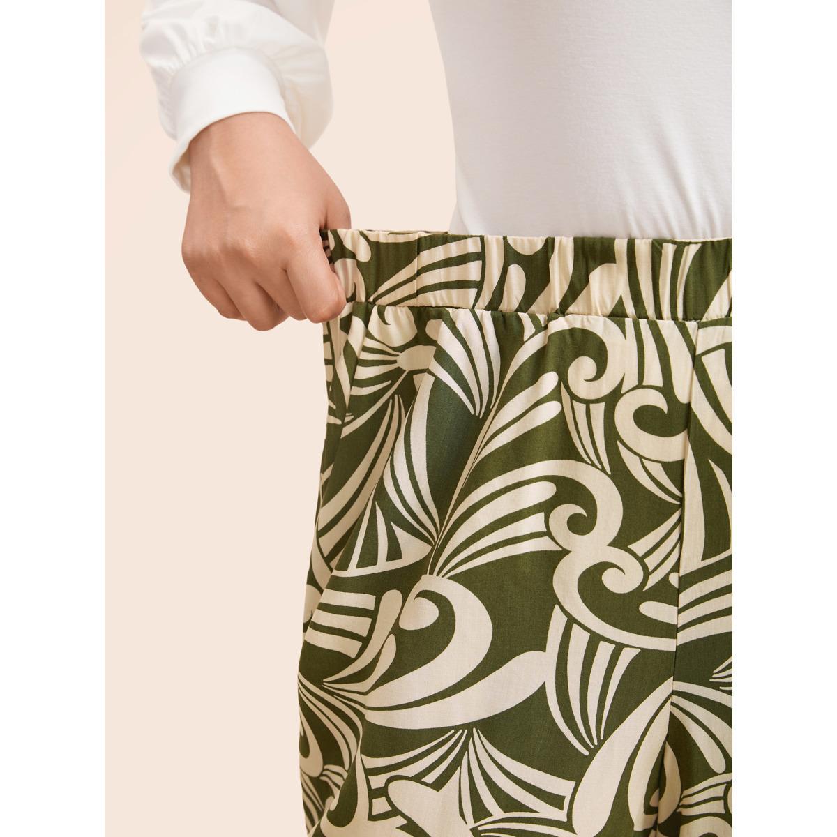 Plus Size Tropical Print Wide Leg Mid Rise Pants Women Moss Casual Wide Leg Mid Rise Everyday Pants BloomChic 22-24/3X Product Image