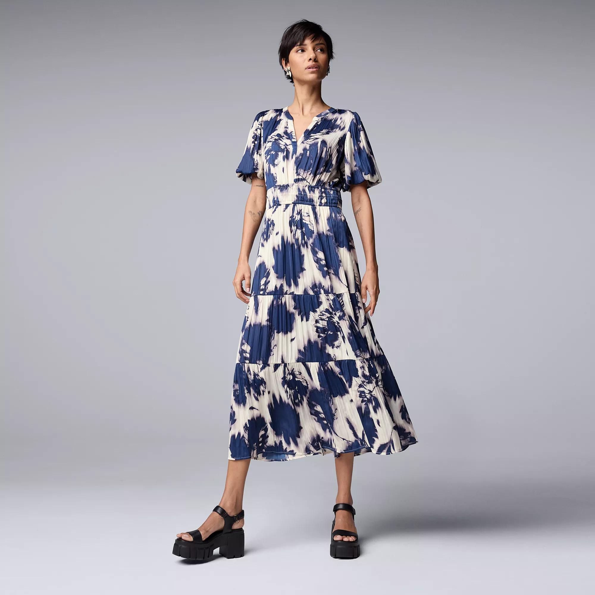 Petite Simply Vera Vera Wang Maxi Fem Dress, Women's, Size: Medium Petite, Beige Navy Floral Product Image