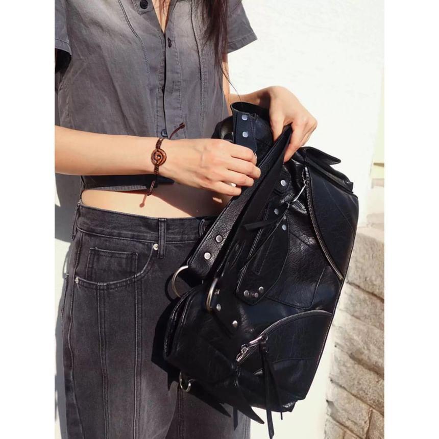 Plain Studded Faux Leather Tote Bag Product Image