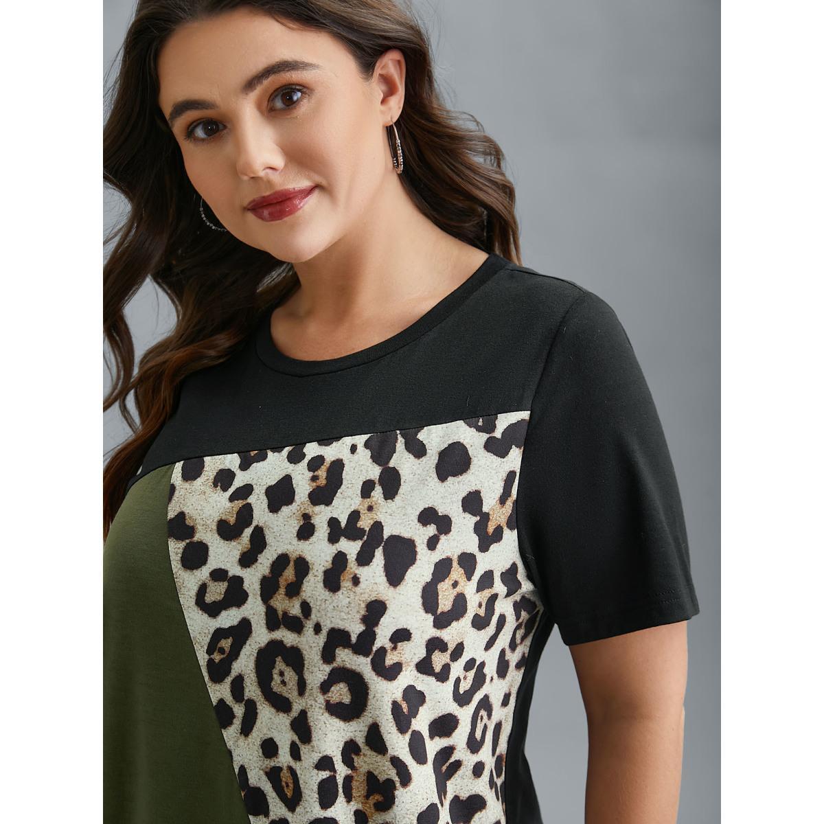 Plus Size Leopard Print Contrast Patchwork Fitted T-Shirt Multicolor Women Casual Contrast Round Neck Everyday T-shirts BloomChic 22-24/3X Product Image