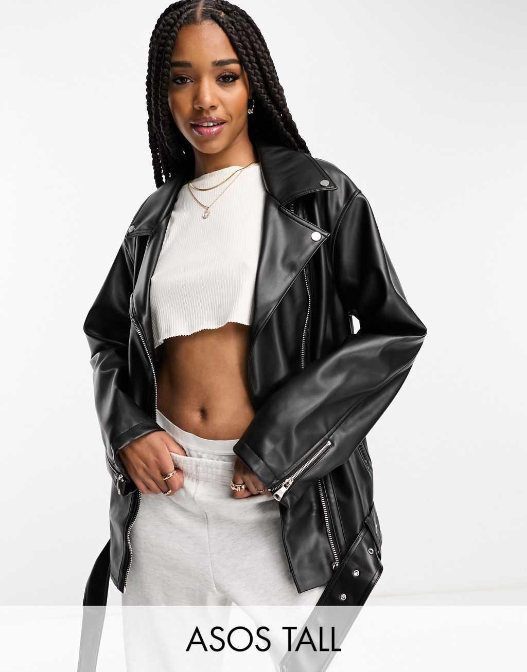 ASOS DESIGN Tall longline oversized faux leather biker jacket Product Image