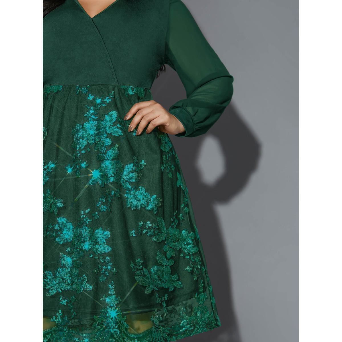 Plus Size Sequin Overlap Collar Sheer Sleeve Lined Dress DarkGreen Women Cocktail Texture Party Curvy Bloomchic 12/L Product Image