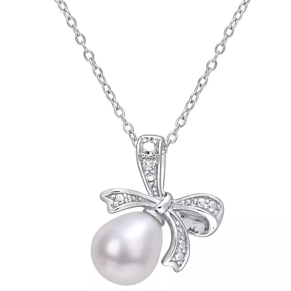 Stella Grace Sterling Silver Freshwater Cultured Pearl & Diamond Accent Bow Necklace, Women's, Size: 18" Product Image