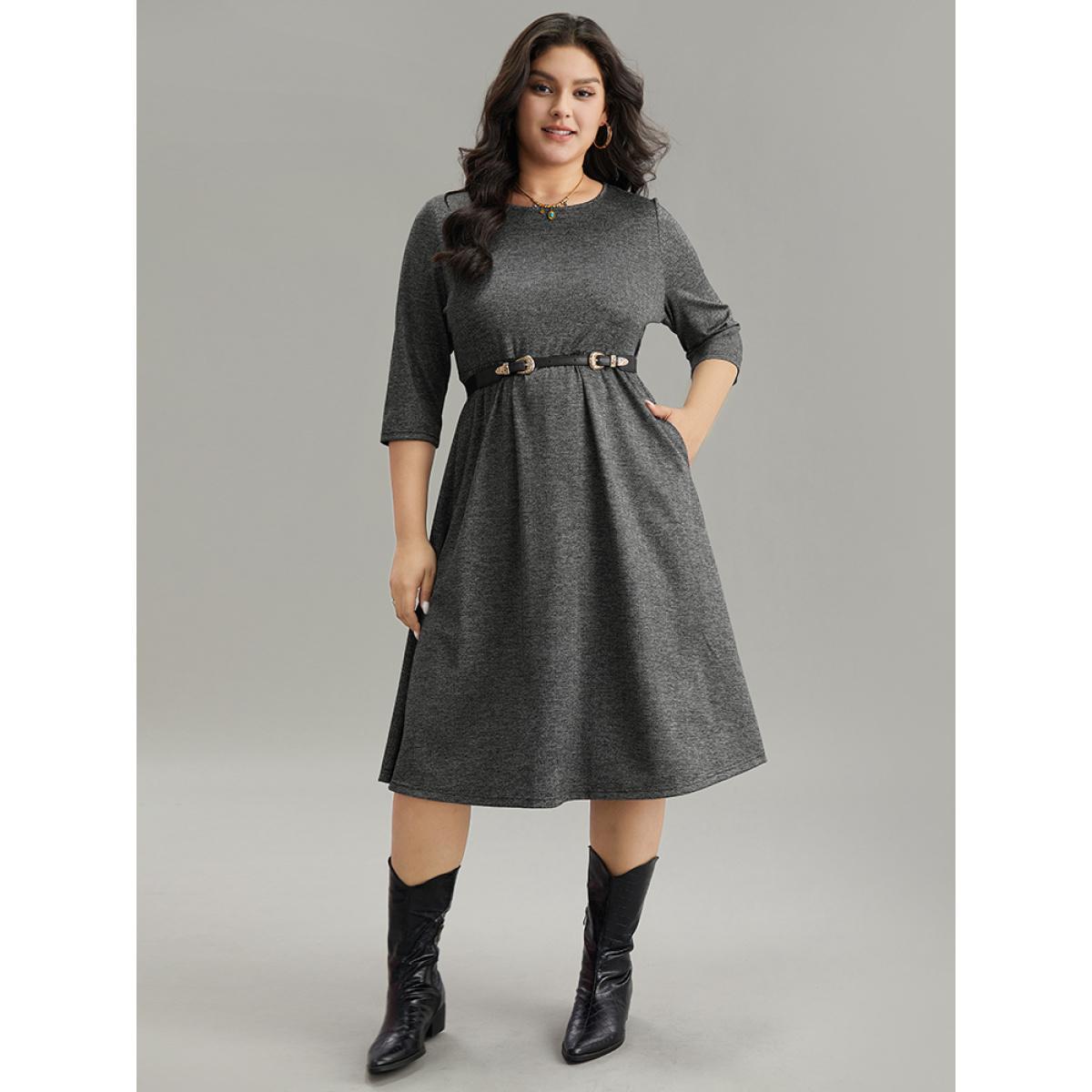 Plus Size Plain Textured Pocket Elastic Waist Gathered Dress DarkGray Women Casual Texture Round Neck Elbow-length sleeve Curvy Midi Dress BloomChic 30/6X Product Image