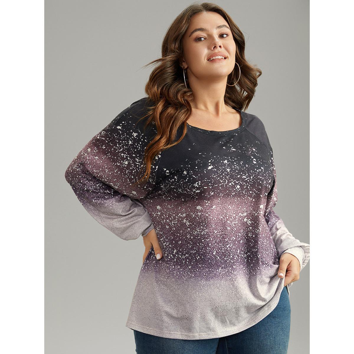 Plus Size Ombre Raglan Sleeve Contrast T-shirt Multicolor Women Casual Elastic cuffs Colorblock Round Neck Everyday T-shirts BloomChic 12/L Product Image