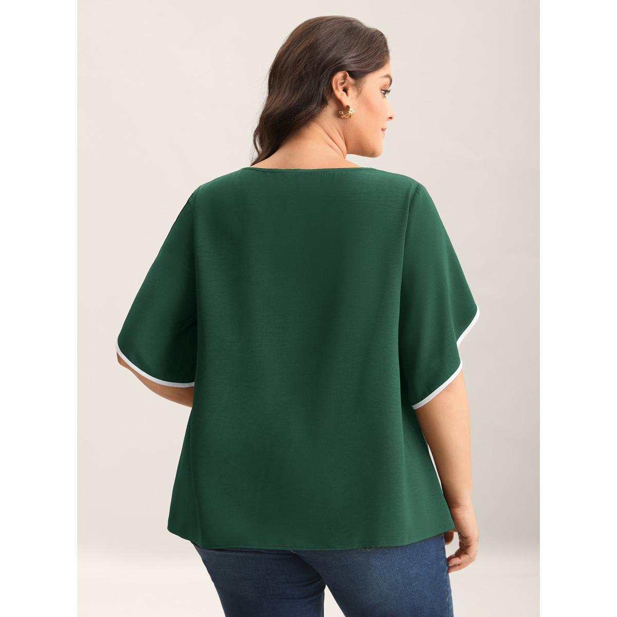 Plus Size DarkGreen Color Contrast Petal Sleeve Shirt Women Half Sleeve Round Neck Work Blouses BloomChic 18-20/2X Product Image