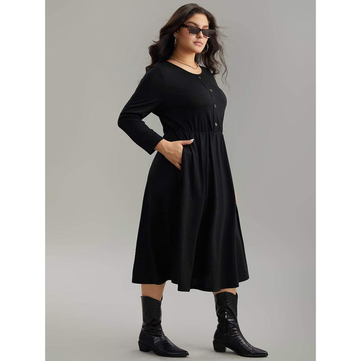 Plus Size Supersoft Essentials Solid Button Detail Dress Black Women Casual Plain Round Neck Long Sleeve Curvy Midi Dress BloomChic 12/L Product Image