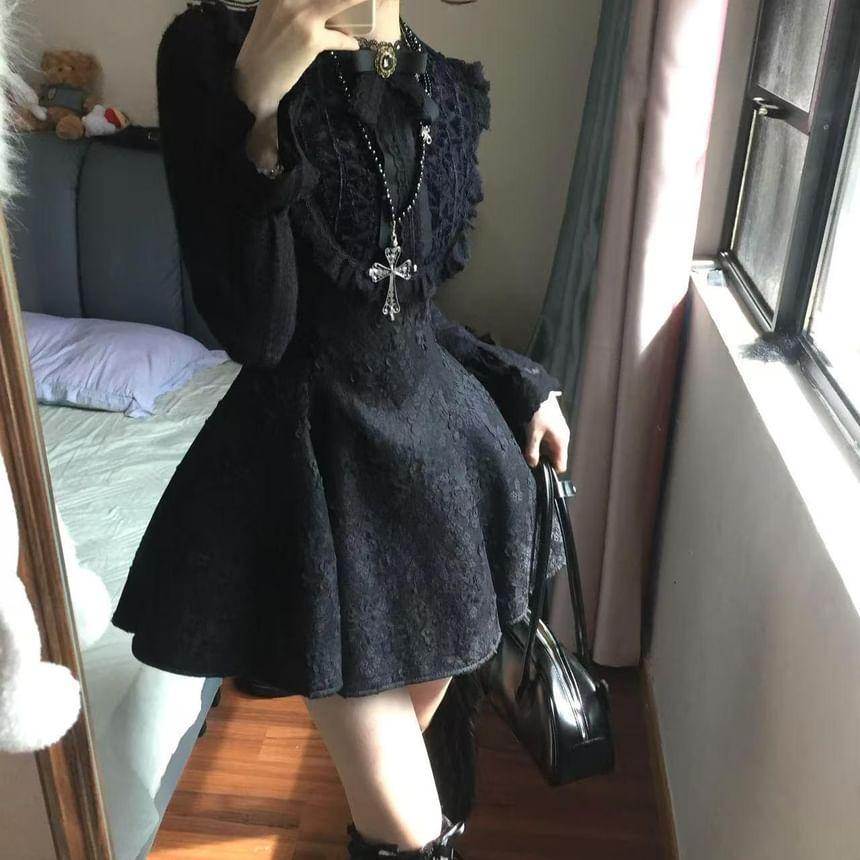 Long Sleeve Crew Neck Plain Bow Ruffle Panel Lace Mini A-Line Dress Product Image