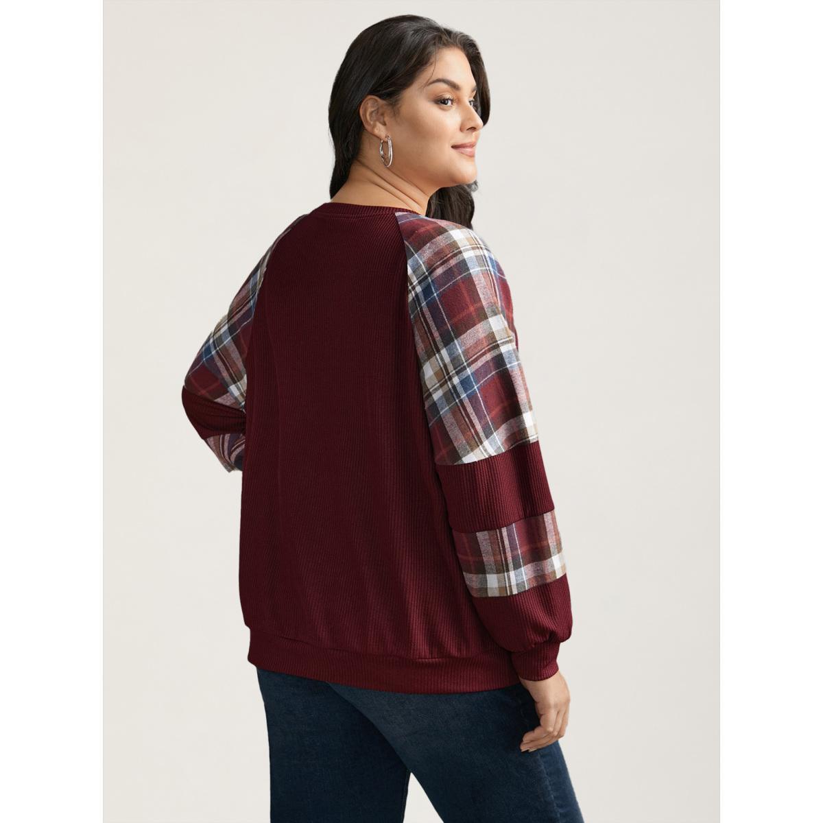 Plus Size Plaid Patchwork Raglan Sleeve Sweatshirt Women Burgundy Casual Texture Round Neck Everyday Sweatshirts BloomChic 18-20/2X Product Image