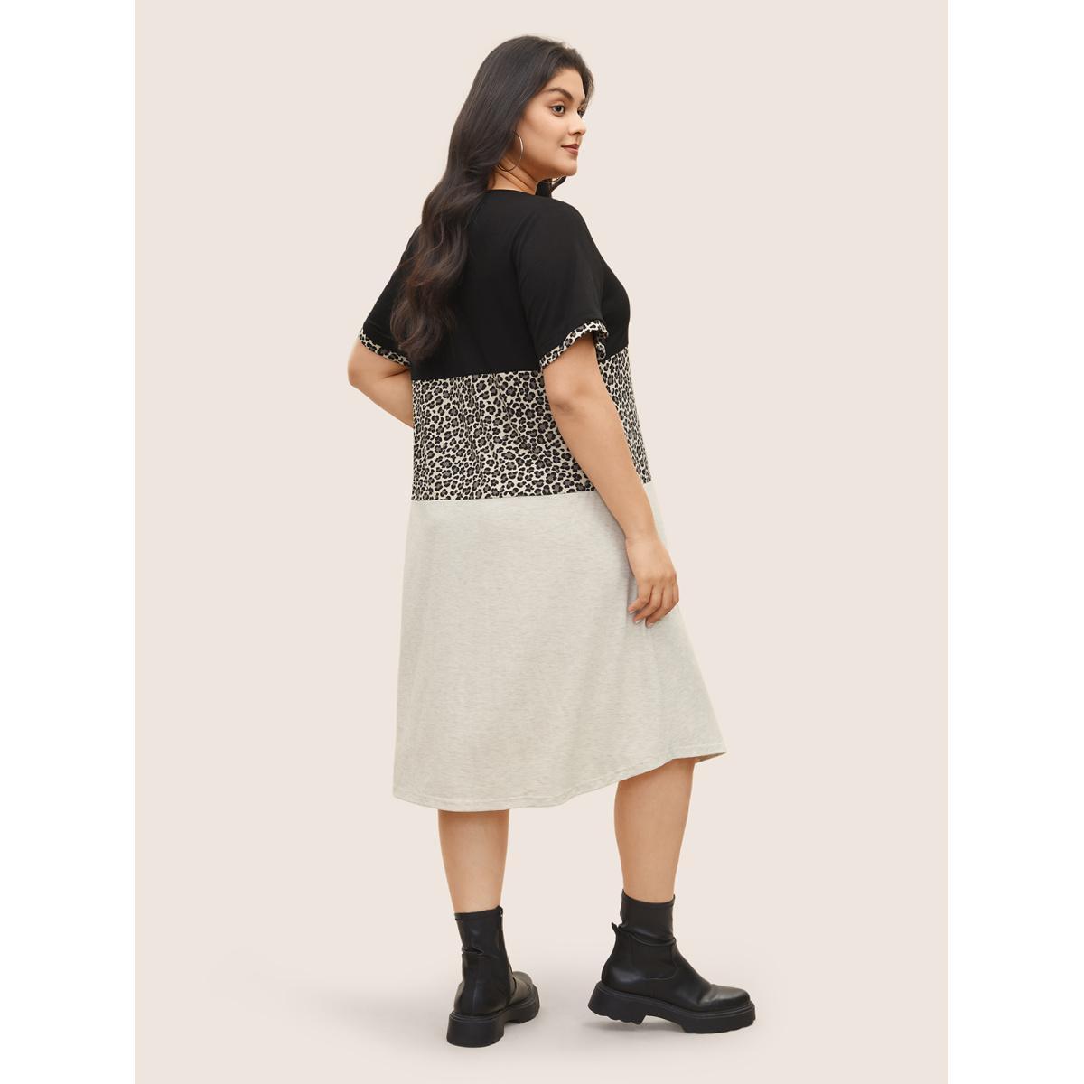 Plus Size Leopard Colorblock Contrast Patchwork Pocket Dress Black Women Casual Non V-neck Short sleeve Curvy Midi Dress BloomChic 18-20/2X Product Image