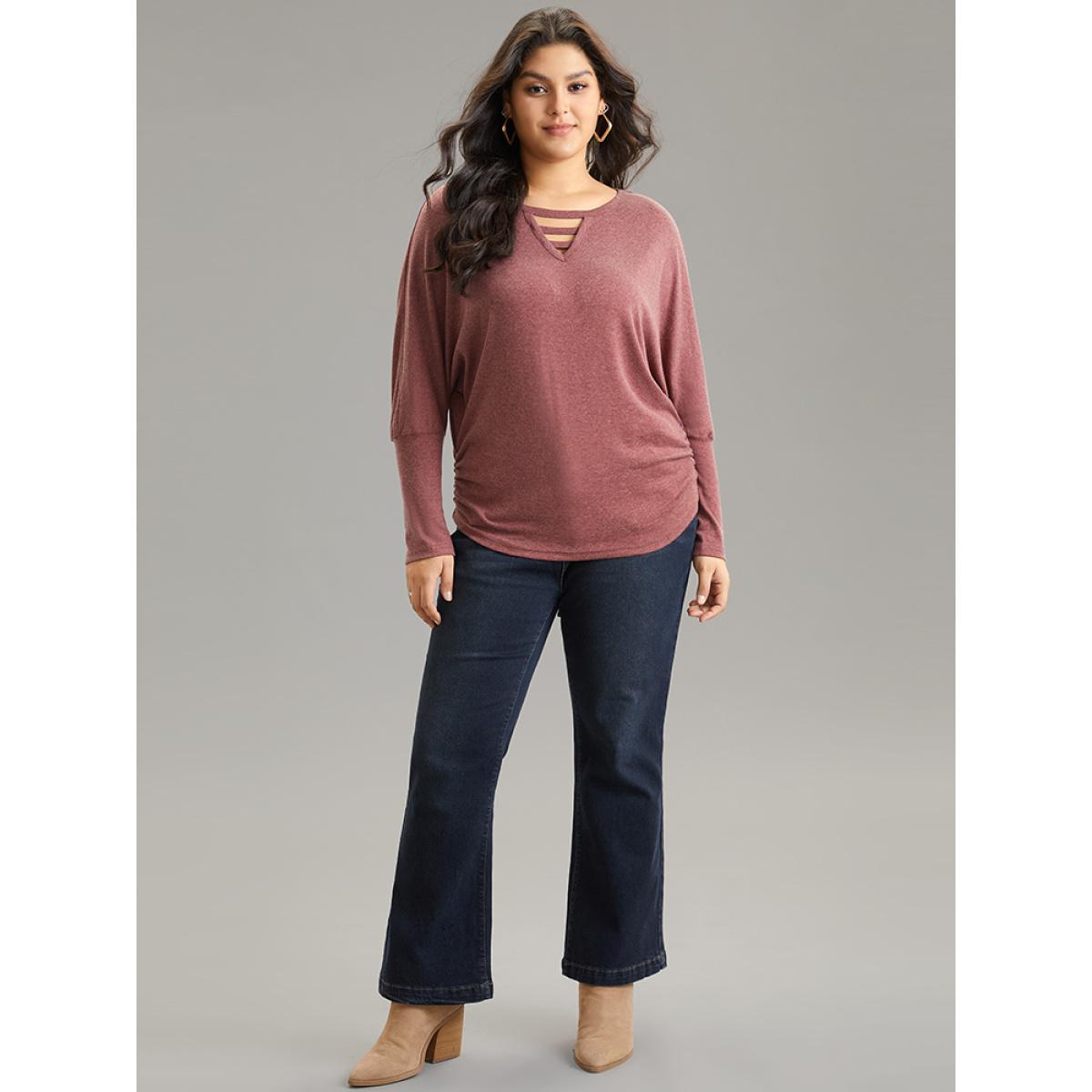 Plus Size Solid Heather Keyhole Batwing Sleeve T-shirt Russet Women Casual Plain Plain Keyhole Cut-Out Everyday T-shirts BloomChic 26/4X Product Image