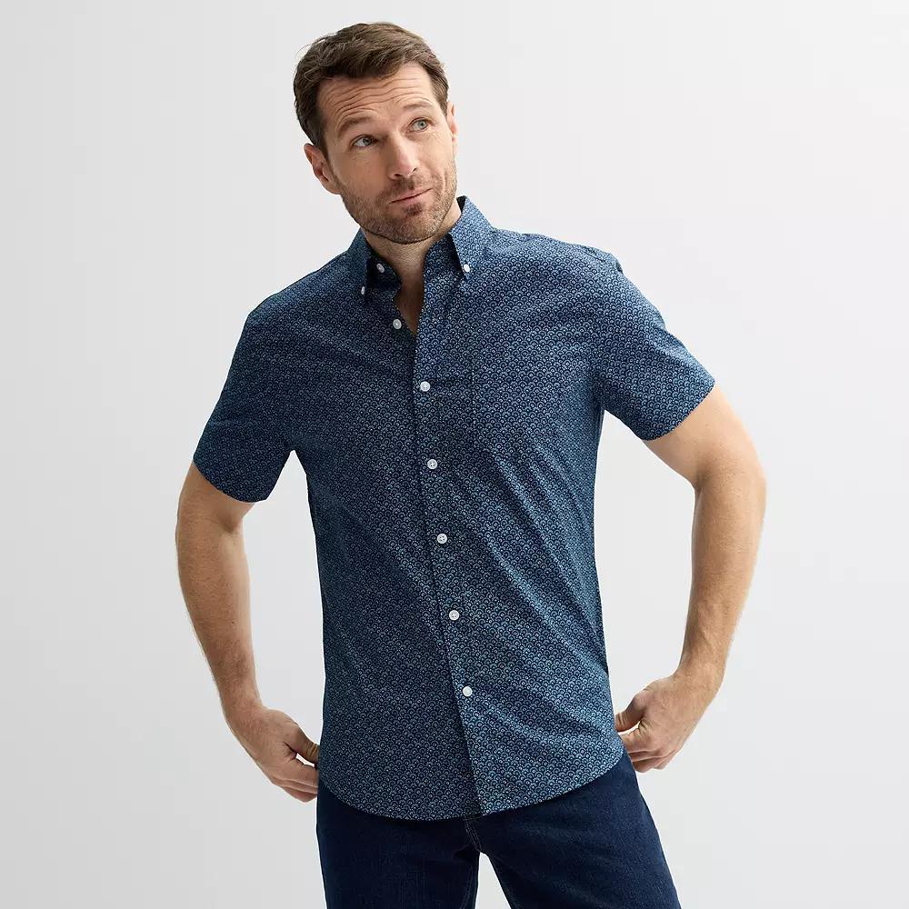 Men's Sonoma Goods For Life® Short Sleeve Perfect Length Button Down Shirt, Size: Medium, Blue Geo Product Image