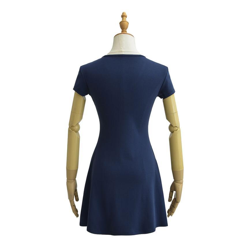 Short Sleeve V-Neck Plain Mini A-Line Dress Product Image