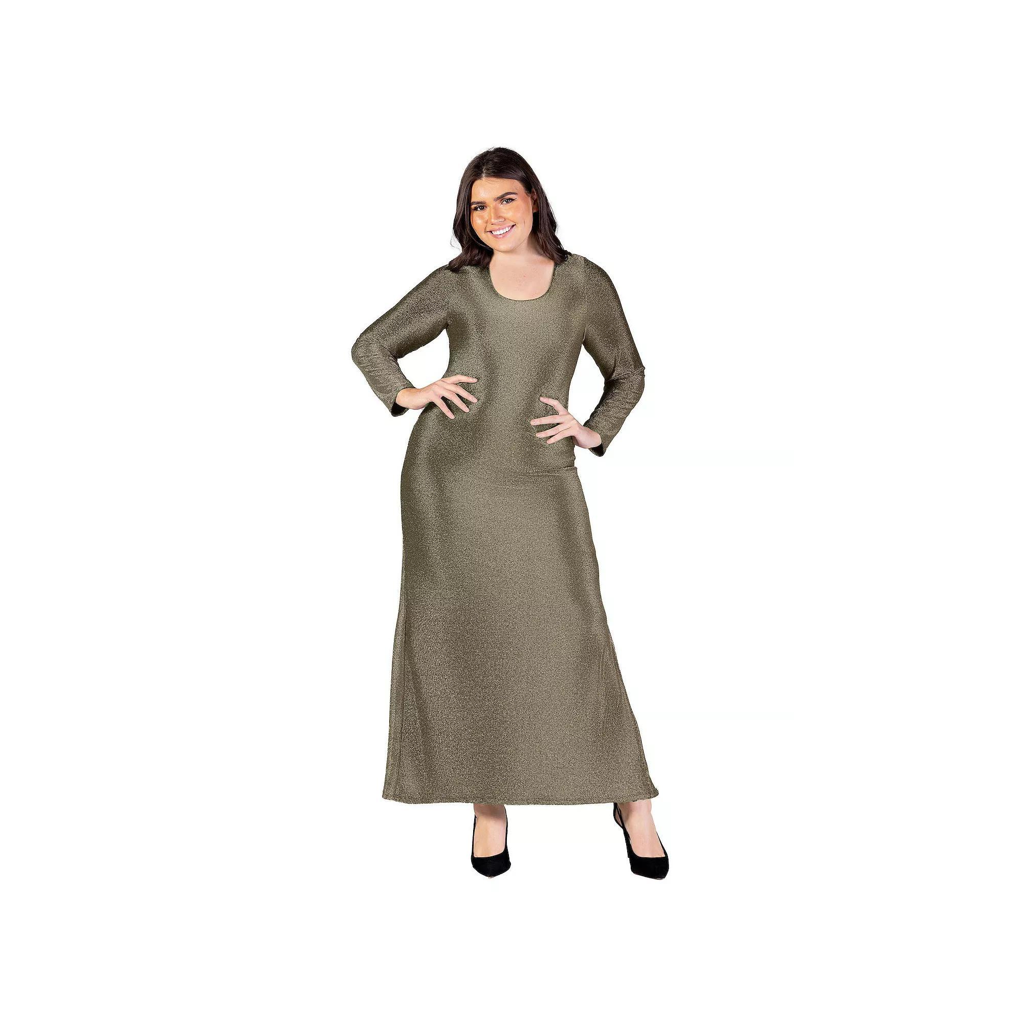 Plus Size 24Seven Comfort Apparel Fitted Long Sleeve Shimmery Fabric Side Slit Maxi Dress, Womens Product Image