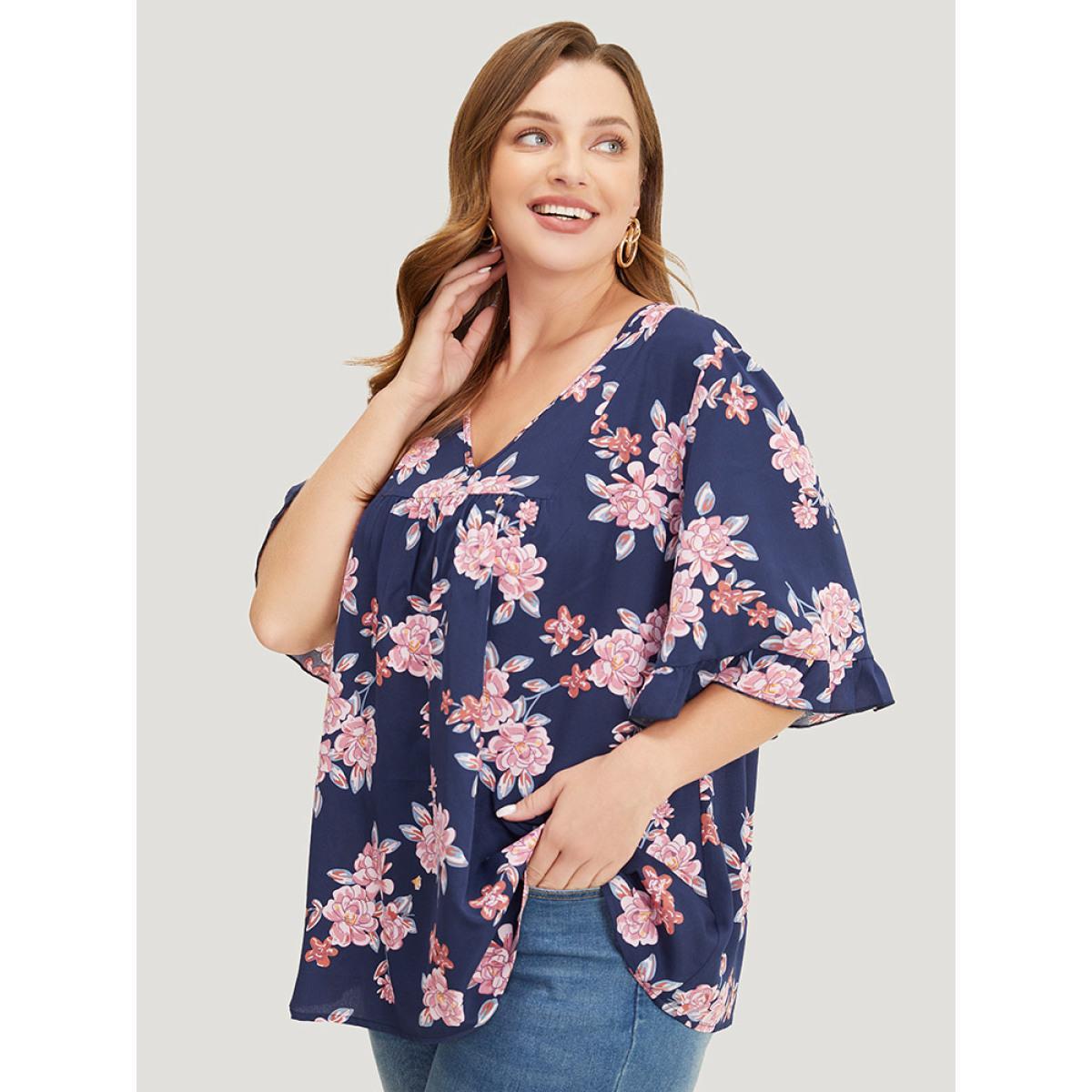 Plus Size Indigo Floral Printed Gathered Ruffle Sleeve Blouse Women Elegant Half Sleeve V-neck Dailywear Blouses BloomChic 10/M Product Image