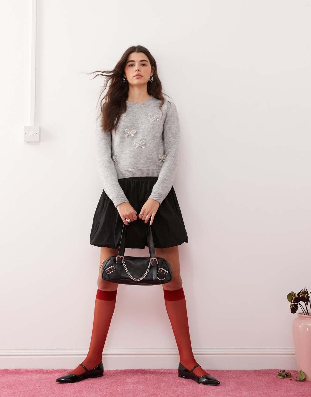 Miss Selfridge diamante puff sleeve sweater in gray heather Product Image