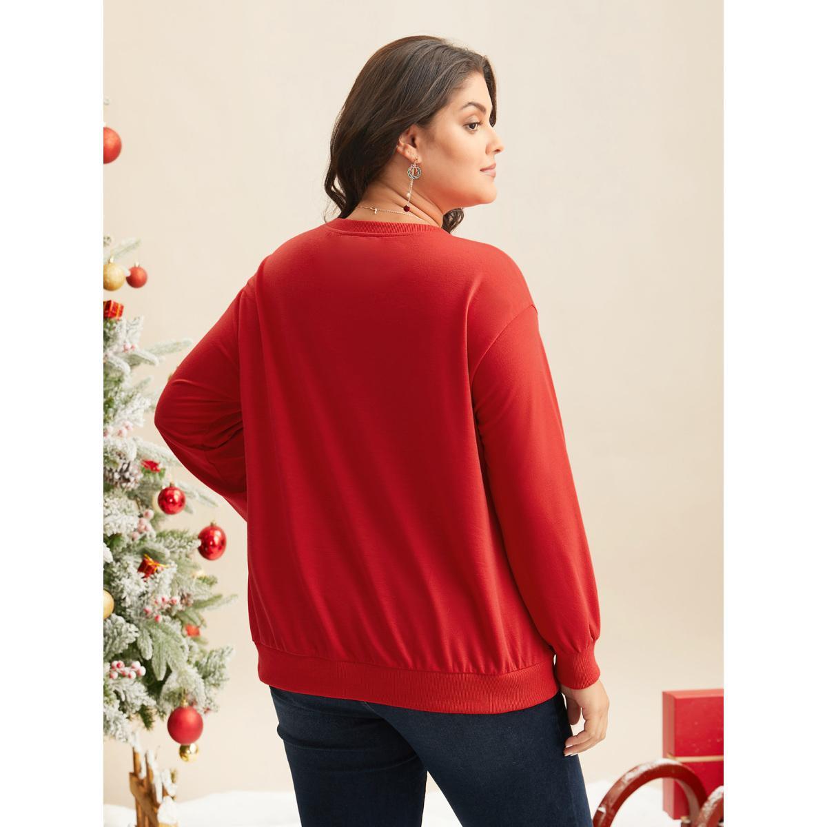 Plus Size Festive Cats Print Relaxed Fit Sweatshirt Women Brightred Casual Non Round Neck Everyday Sweatshirts BloomChic 14-16/1X Product Image