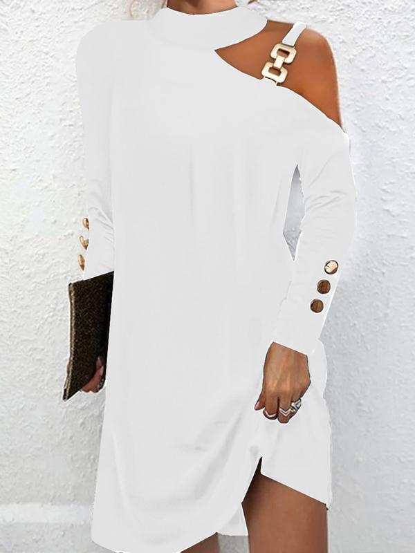 Long Sleeves Loose Asymmetric Buckle Buttoned Hollow One-Shoulder Mini Dresses Product Image
