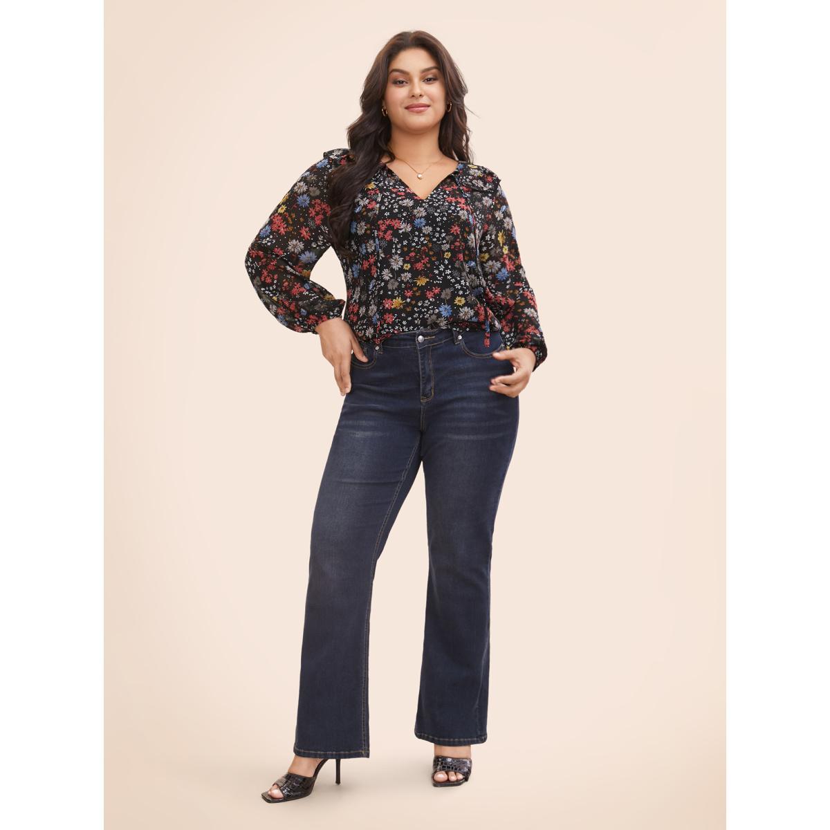 Plus Size Black Chiffon Floral Tie Knot Ruffle Trim Blouse Women Elegant Long Sleeve V-neck Everyday Blouses BloomChic 28/5X Product Image