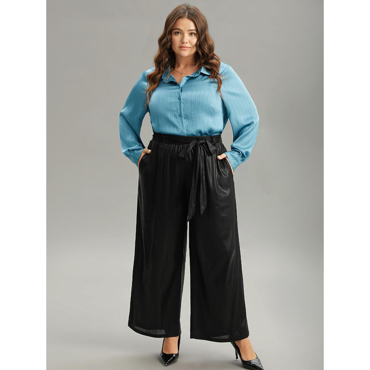 Plus Size Plain Texture Belted High Rise Wide Leg Pants Women Black Glamour Wide Leg High Rise Party Pants BloomChic 30/6X Product Image
