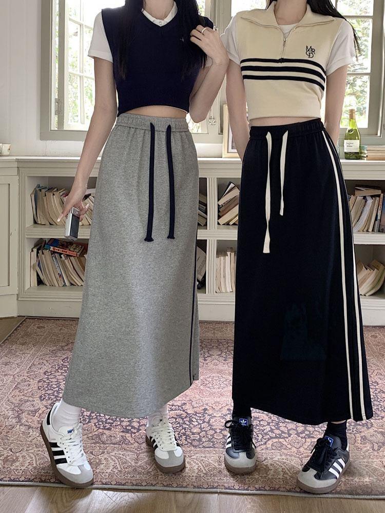 High Waist Striped Midi A-Line Skirt Product Image