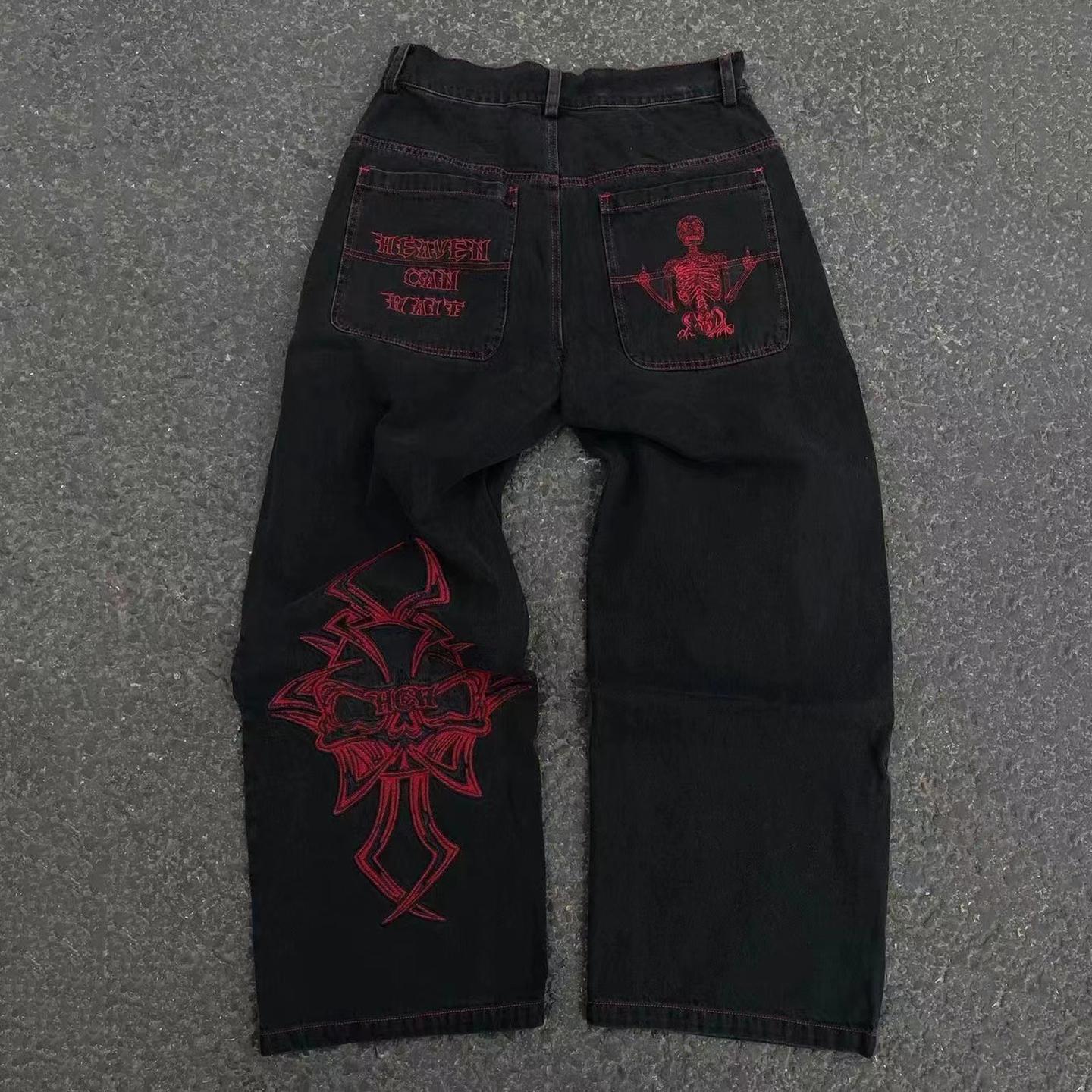 Men's Trendy Embroidered Skull Straight Pants Product Image
