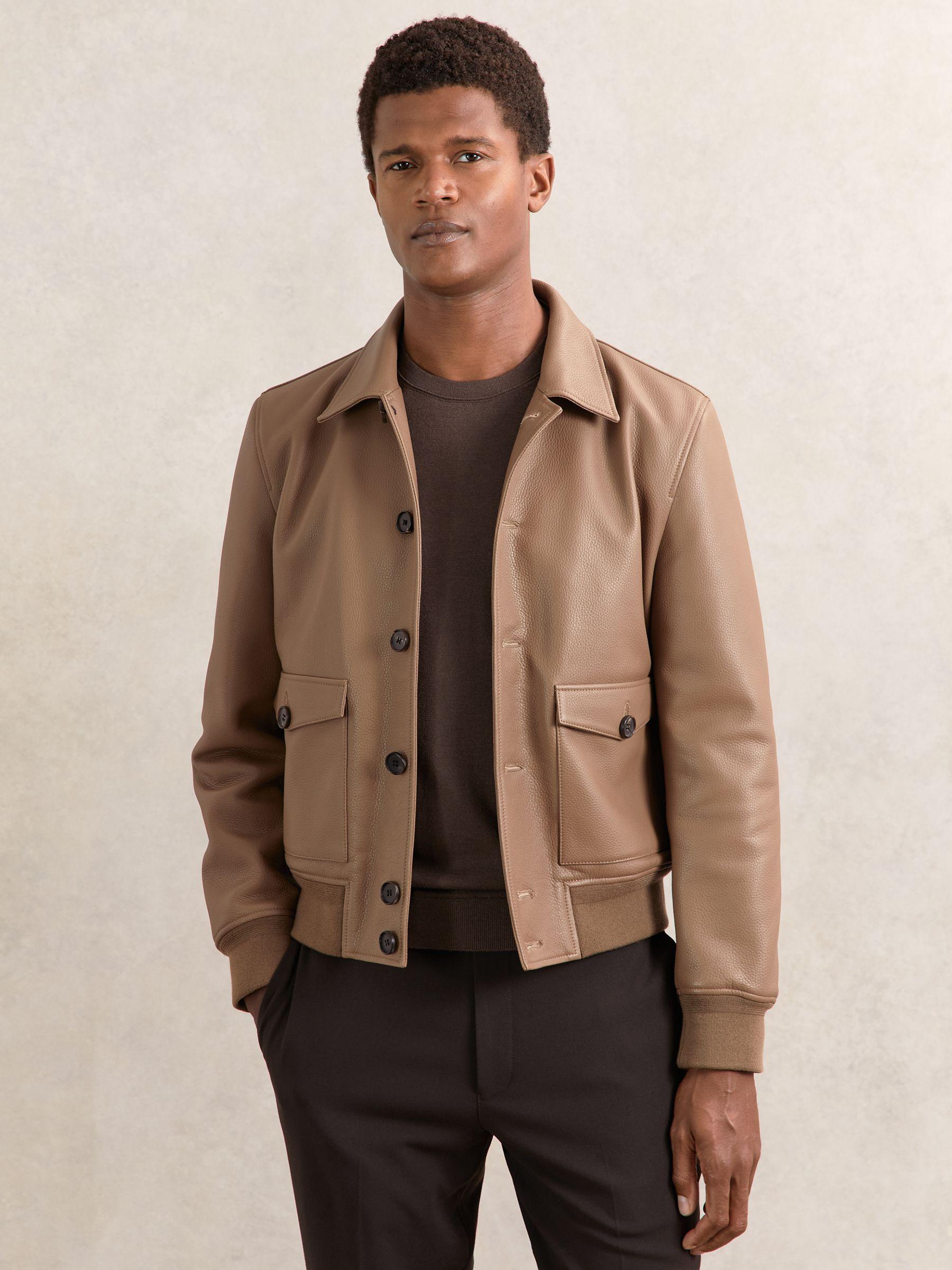 Tumbled-Leather Harrington Jacket in Tan Brown Product Image