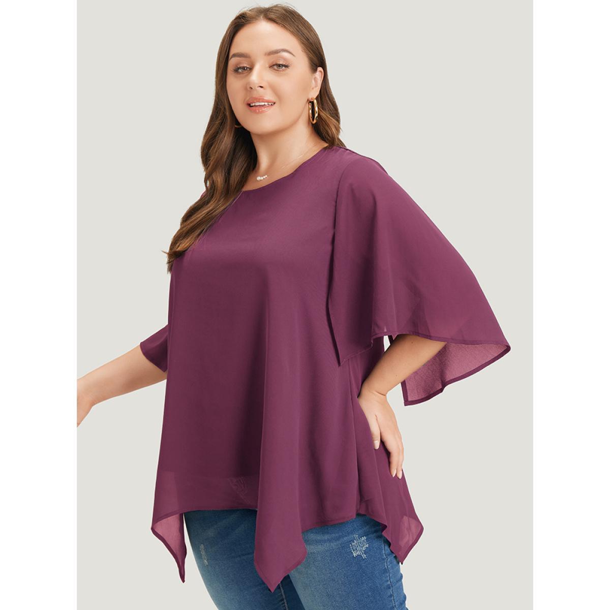 Plus Size Purple Plain Mesh Flutter Sleeve Hanky Hem Blouse Women Office Elbow-length sleeve Round Neck Dailywear Blouses BloomChic 18-20/2X Product Image