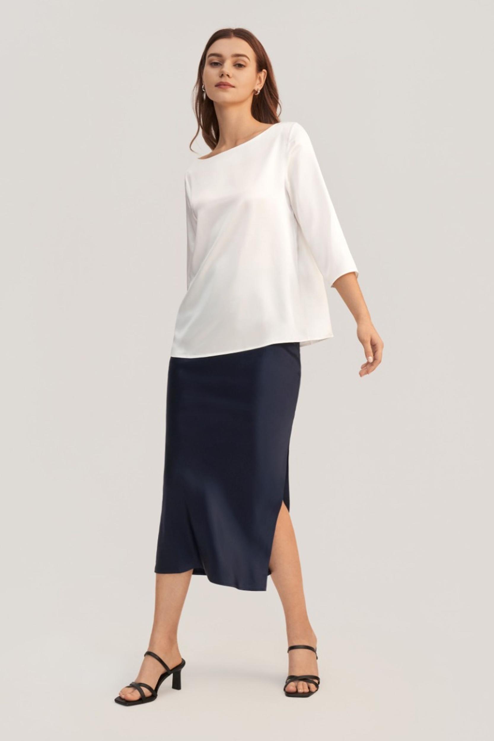 3/4 Sleeve Boat Neck Silk Blouse Product Image