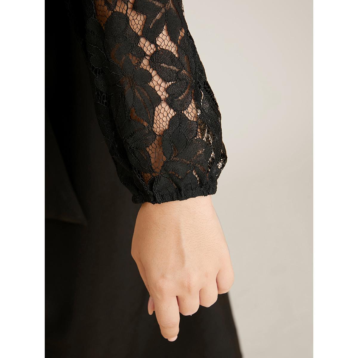 Plus Size Solid Round Neck Belted Contrast Lace Midi Dress Black Women Glamour Patchwork Round Neck Long Sleeve Curvy Midi Dress BloomChic 26/4X Product Image