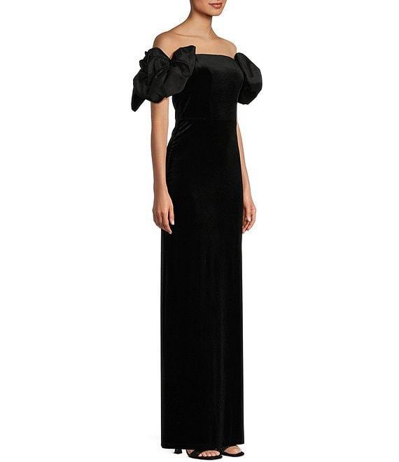 B. Darlin Taffeta Off-The-Shoulder Bow Trim Side Slit Long Dress Product Image