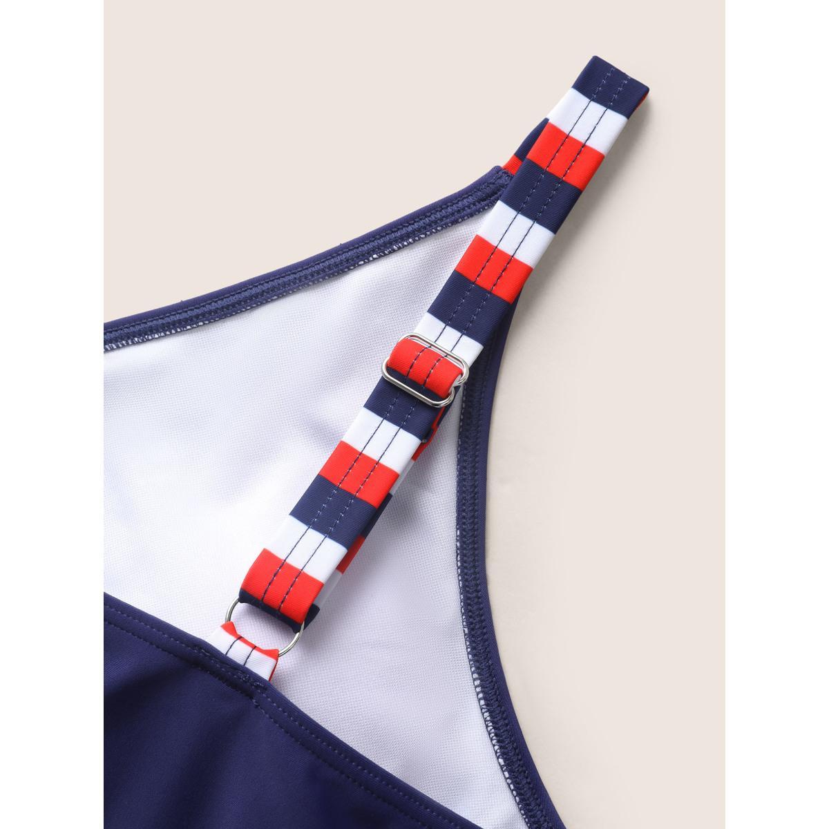 Plus Size Contrast Striped V Neck Gathered Swim Top Women's Swimwear Indigo Beach Gathered High stretch Skinny V-neck Curve Swim Tops BloomChic 10/M Product Image