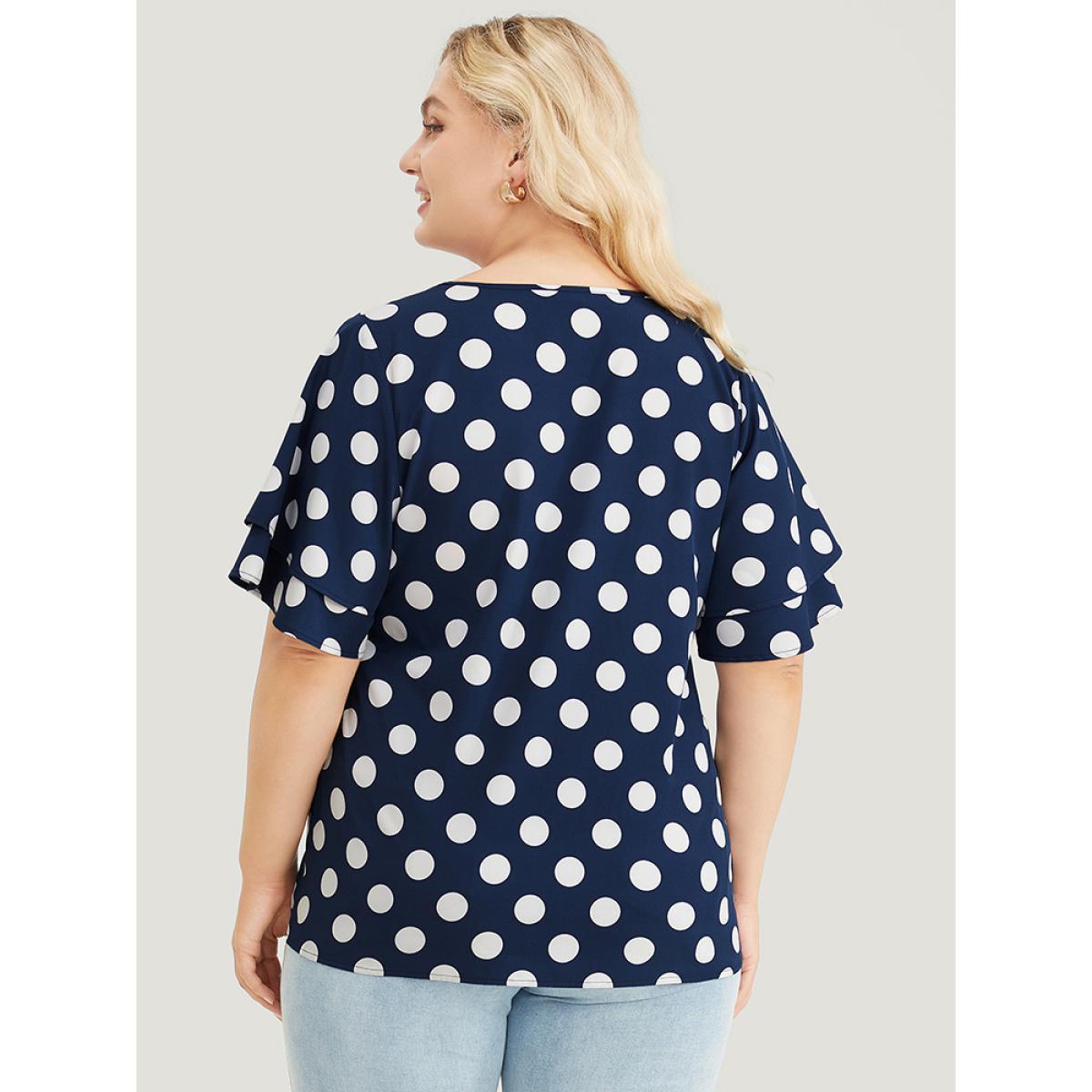 Plus Size Indigo Polka Dot Ruffle Tiered Sleeve Blouse Women Office Short sleeve Round Neck Work Blouses BloomChic 14-16/1X Product Image