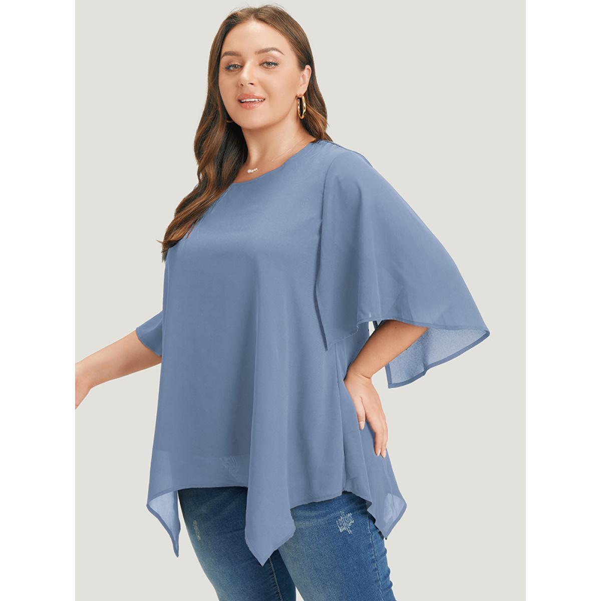 Plus Size LightBlue Plain Mesh Flutter Sleeve Hanky Hem Blouse Women Office Elbow-length sleeve Round Neck Dailywear Blouses BloomChic 14-16/1X Product Image