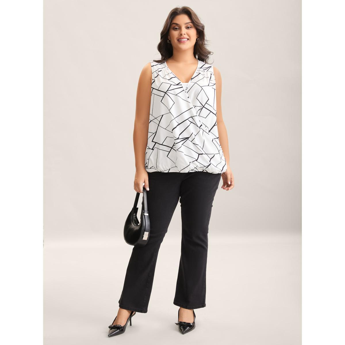 Plus Size Abstract Print Wrap Curvy Hem Tank Top Women Ivory Overlapping V-neck Work Tank Tops Camis BloomChic 14-16/1X Product Image