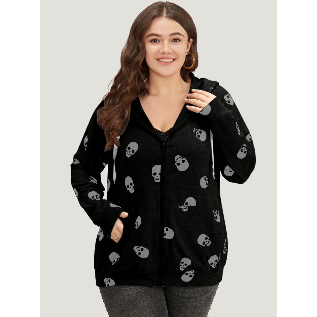 Plus Size Halloween Skull Print Pocket Zipper Hooded Sweatshirt Women Black Casual Elastic cuffs Hooded Festival-Halloween Sweatshirts BloomChic 26/4X Product Image