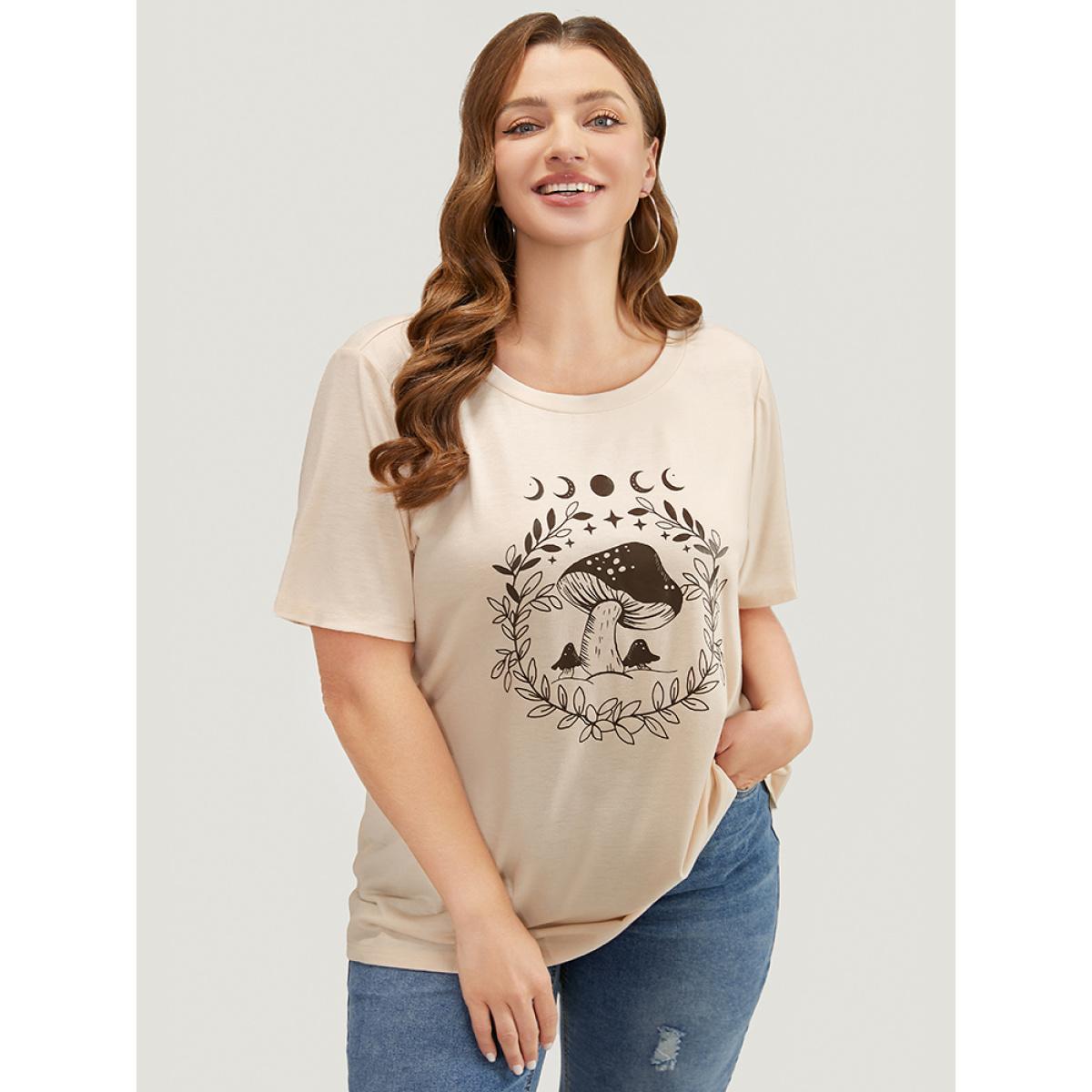 Plus Size Mushroom & Moon Print Short Sleeve Crew Neck T-shirt Apricot Women Casual Natural Flowers Dailywear T-shirts BloomChic 18-20/2X Product Image