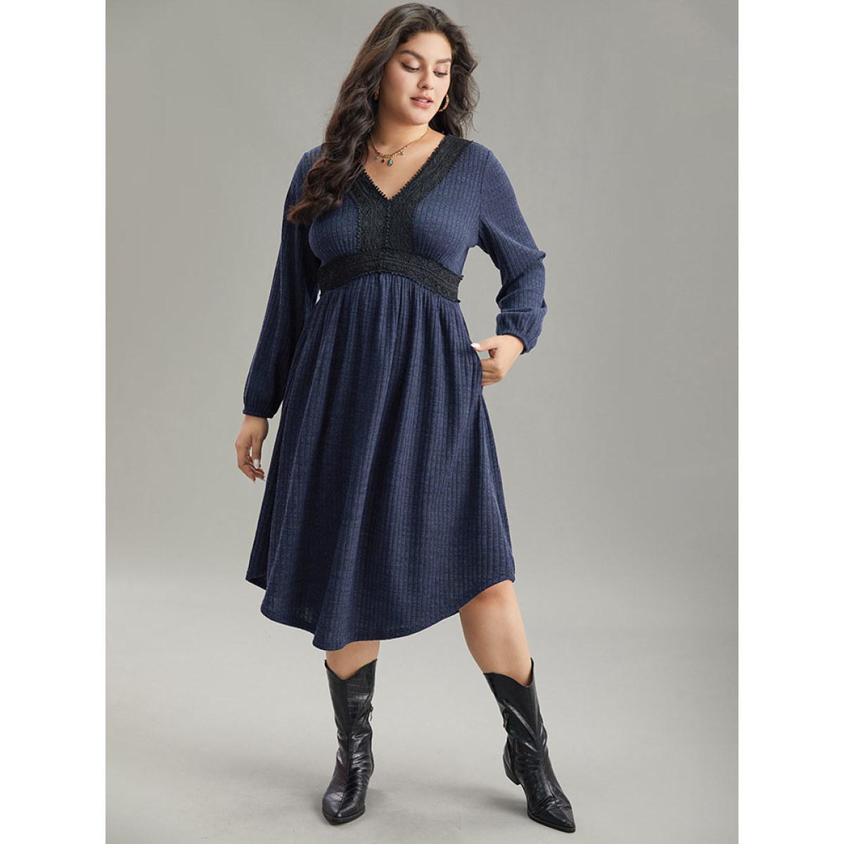 Plus Size Rib Knit Lace Panel Contrast Pocket Dress DarkBlue Women Casual Elastic cuffs V-neck Long Sleeve Curvy Midi Dress BloomChic 14-16/1X Product Image