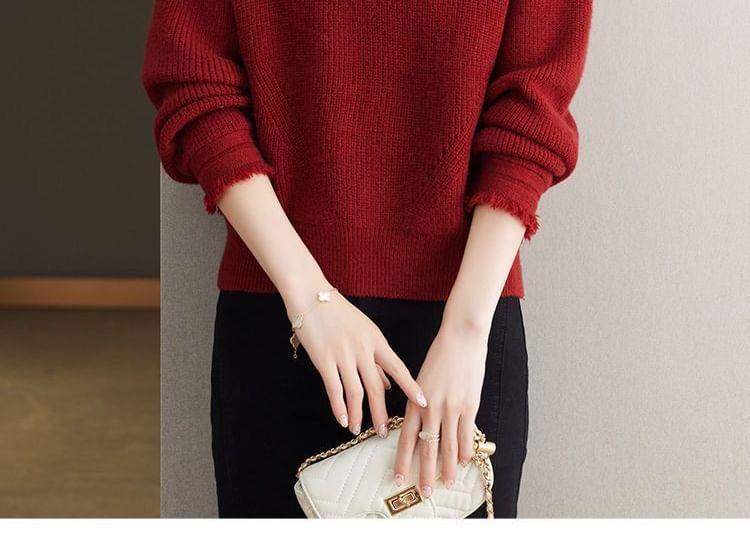 V-Neck Frayed Plain Sweater Product Image