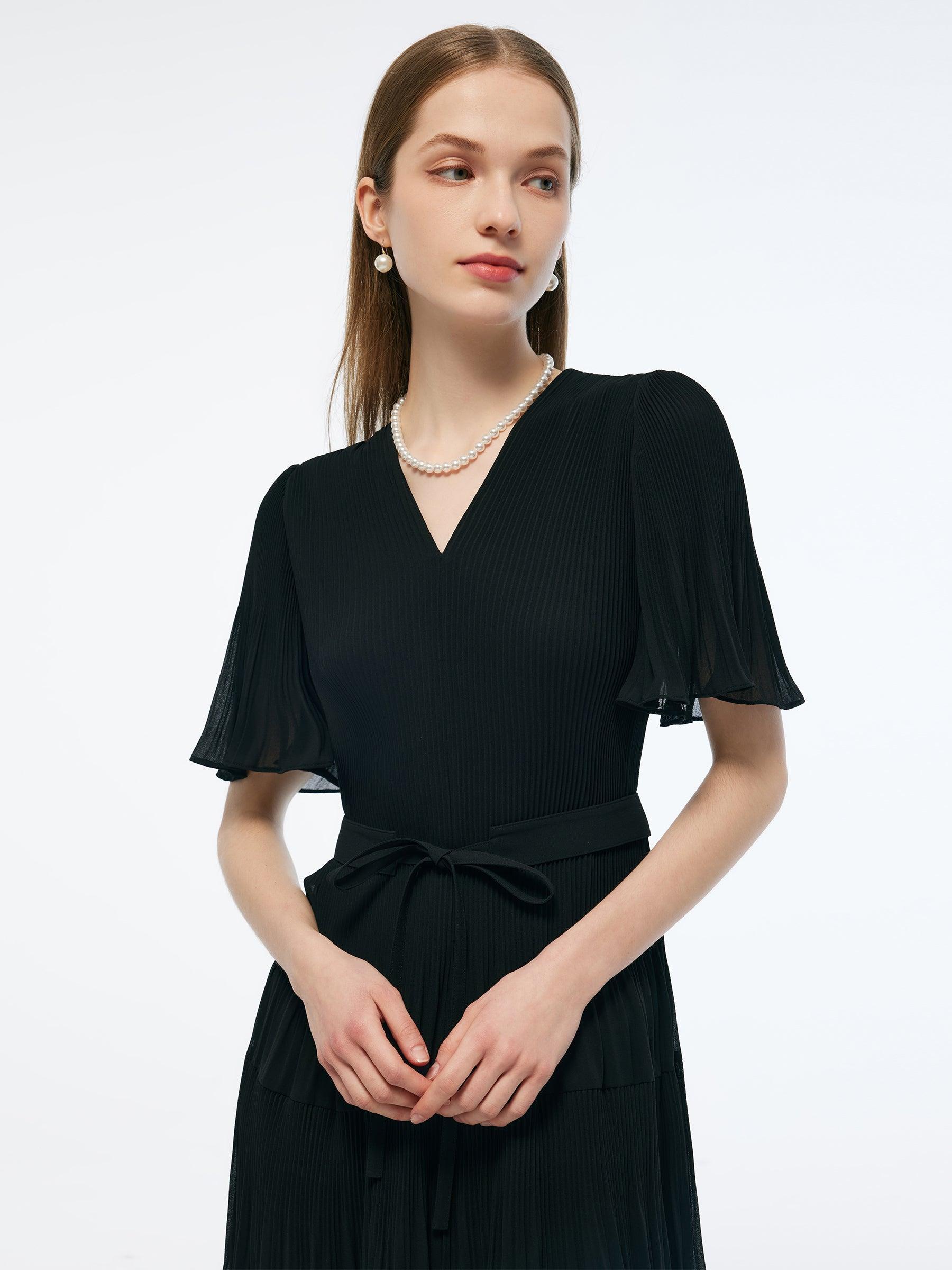 Pleated V-Neck Women A-Line Tie Belt Maxi Dress Product Image