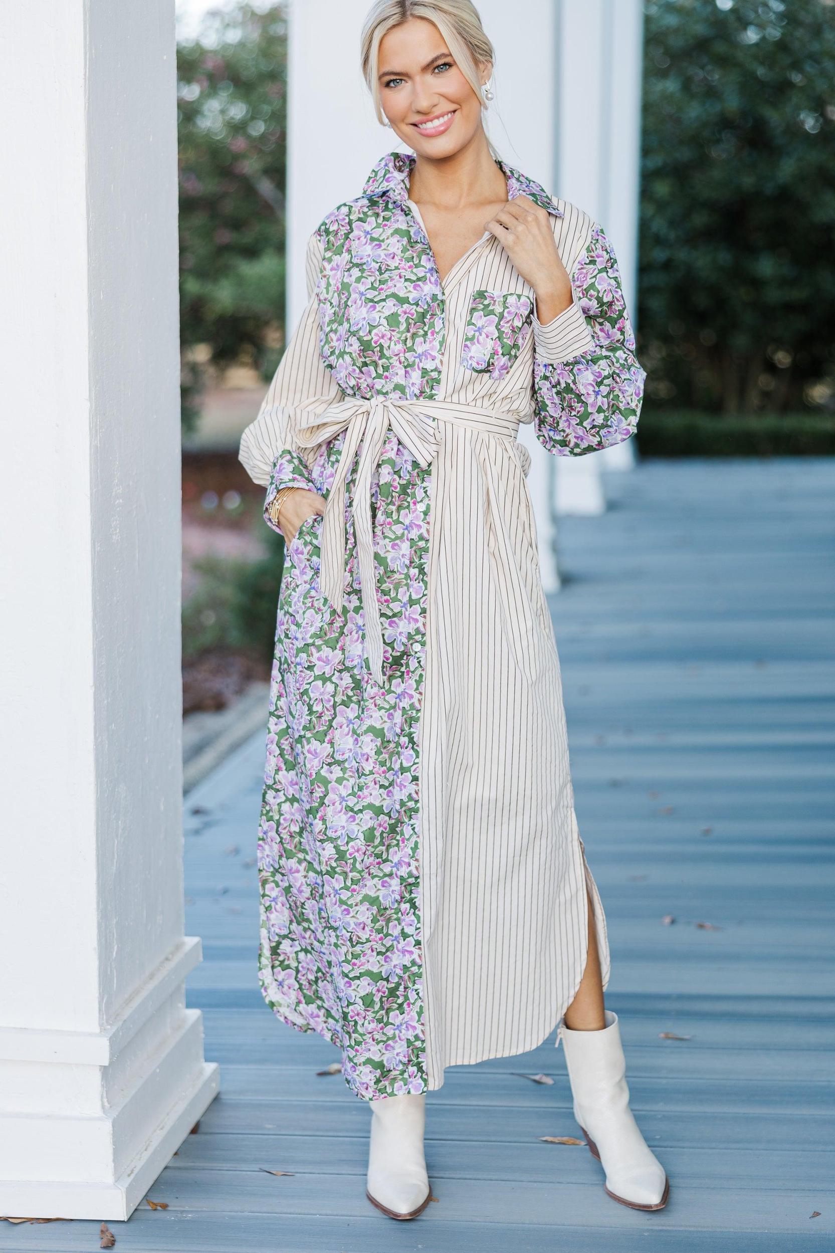 Just A Reminder Olive Green Ditsy Floral Midi Dress Female Product Image