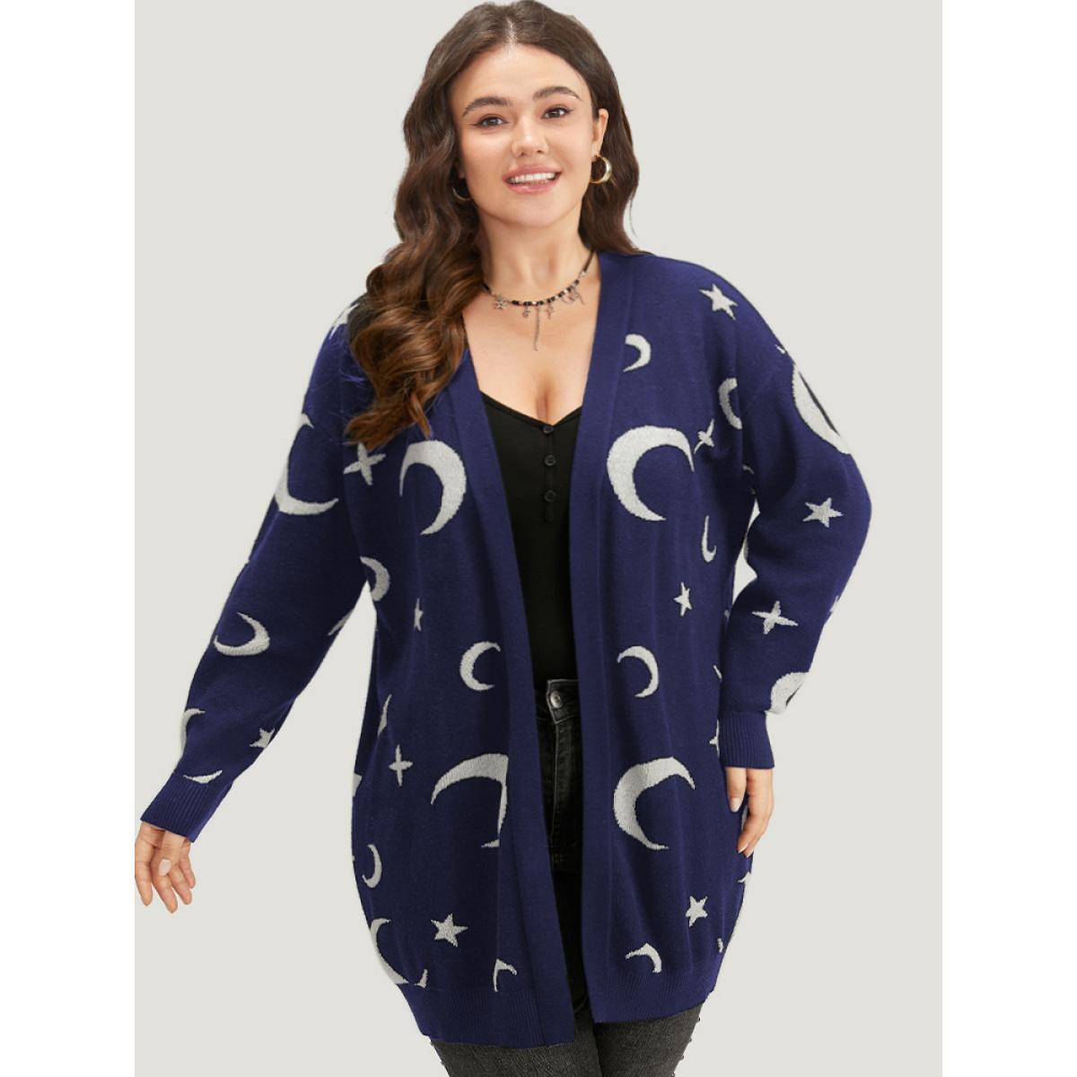 Plus Size Moon Print Open Front Cardigan Burgundy Women Casual Long Sleeve Everyday Cardigans BloomChic 10/M Product Image