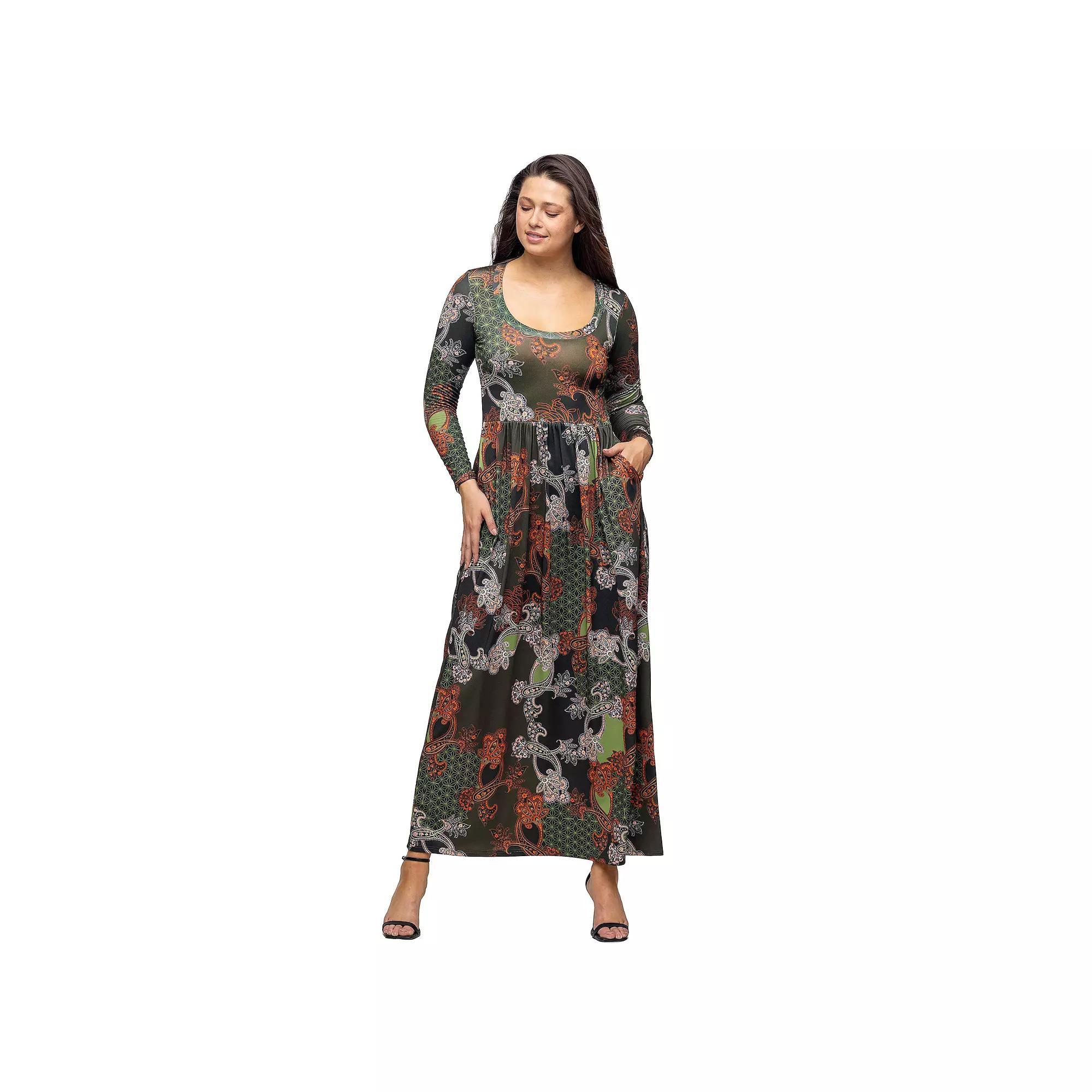 Women's 24Seven Comfort Apparel Printed Long Sleeve Empire Waist Pocket Maxi Dress, Size: XL, Green Team Product Image