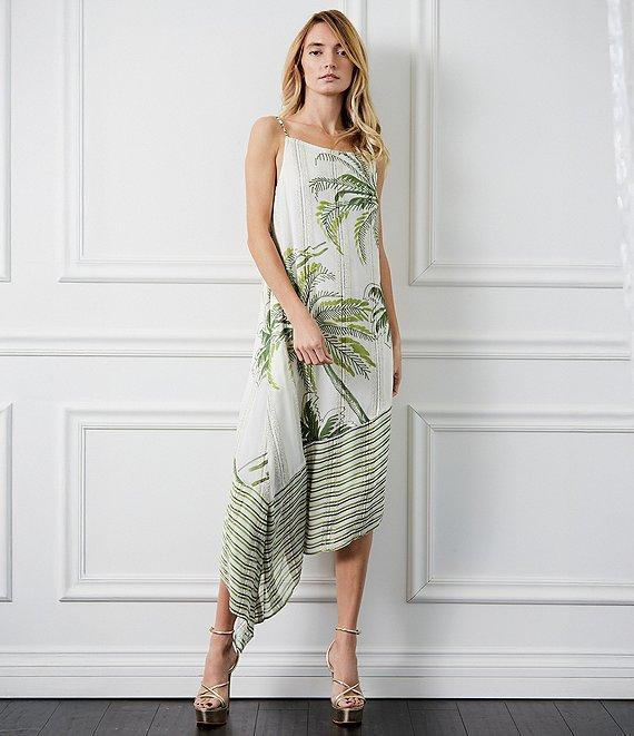 CIEBON Tamara Tropical Palm Tree Print Metallic Square Neck Asymmetrical Hem Midi Dress Product Image