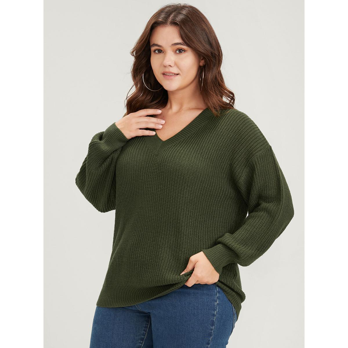Plus Size Solid Pointelle Knit V Neck Knit Top ArmyGreen Women Casual Loose Long Sleeve V-neck Dailywear Pullovers BloomChic 12/L Product Image